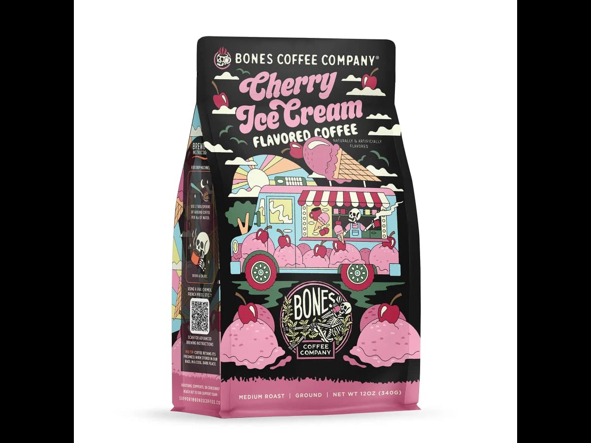 Bones Coffee Company Cherry Ice Cream bag illustration