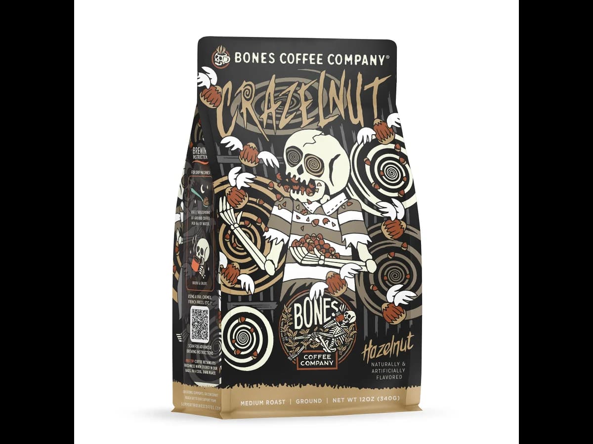 Bones Coffee Company Crazelnut bag illustration