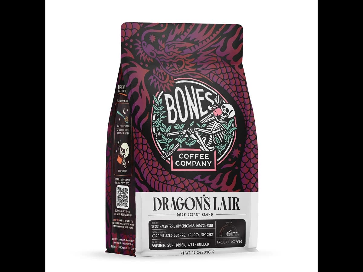 Bones Coffee Company Dragon's Lair bag illustration