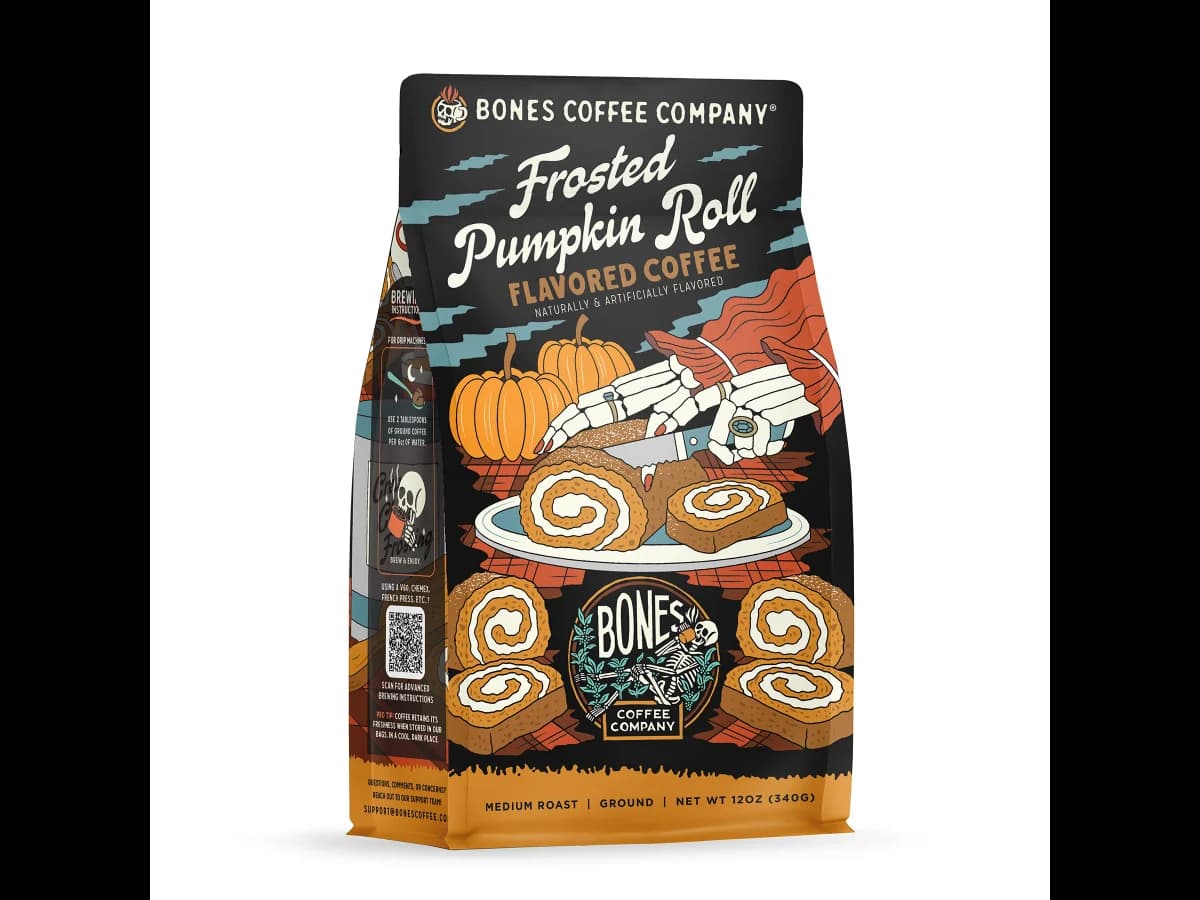 Bones Coffee Company Frosted Pumpkin Roll bag illustration
