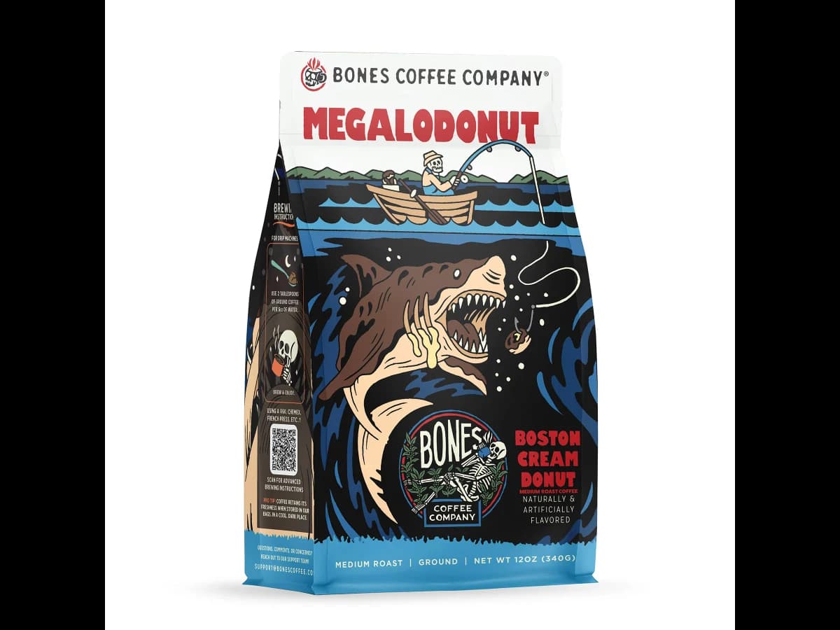 Bones Coffee Company Megalodonut bag illustration