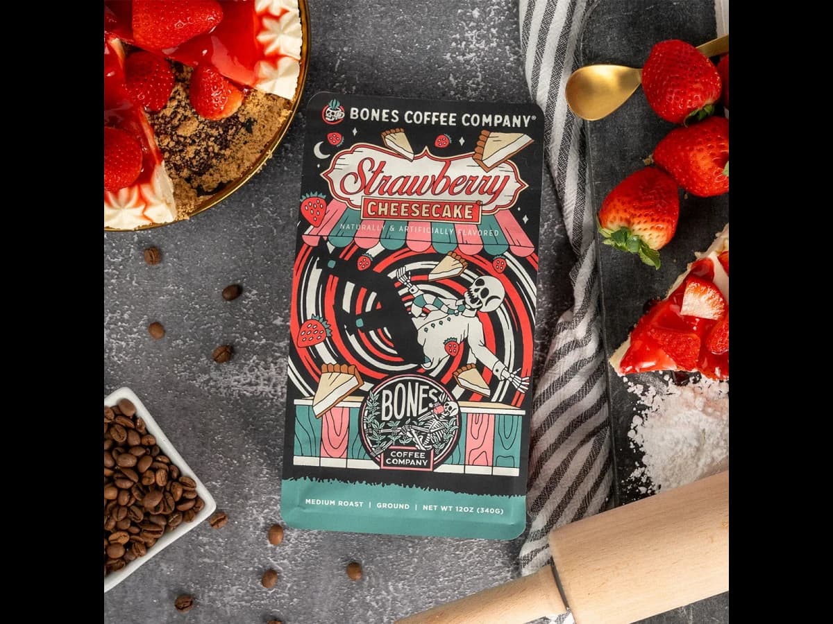 Bones Coffee Company Strawberry Cheesecake bag illustration