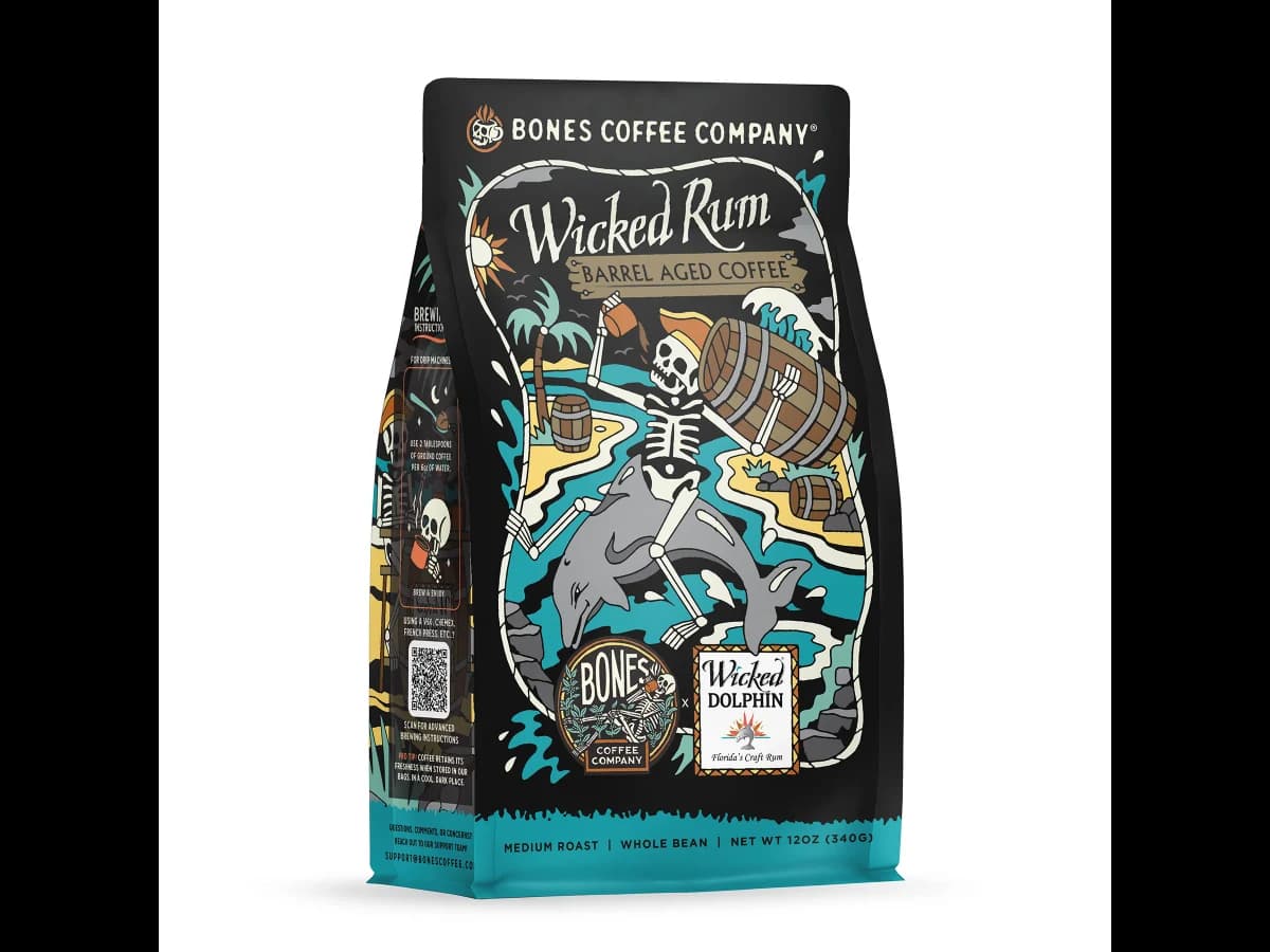 Bones Coffee Company Wicked Rum Barrel-Aged Coffee bag illustration