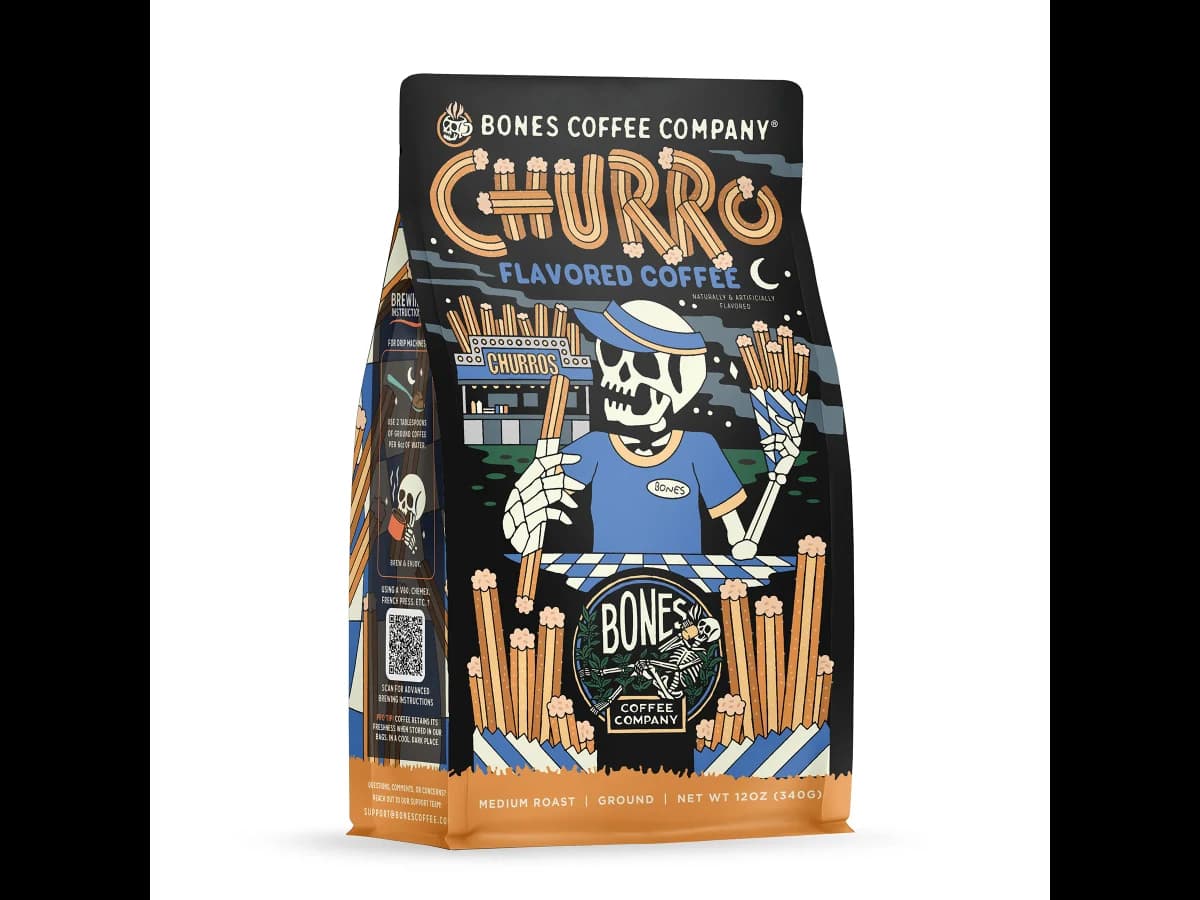 Bones Coffee Company Churro bag illustration