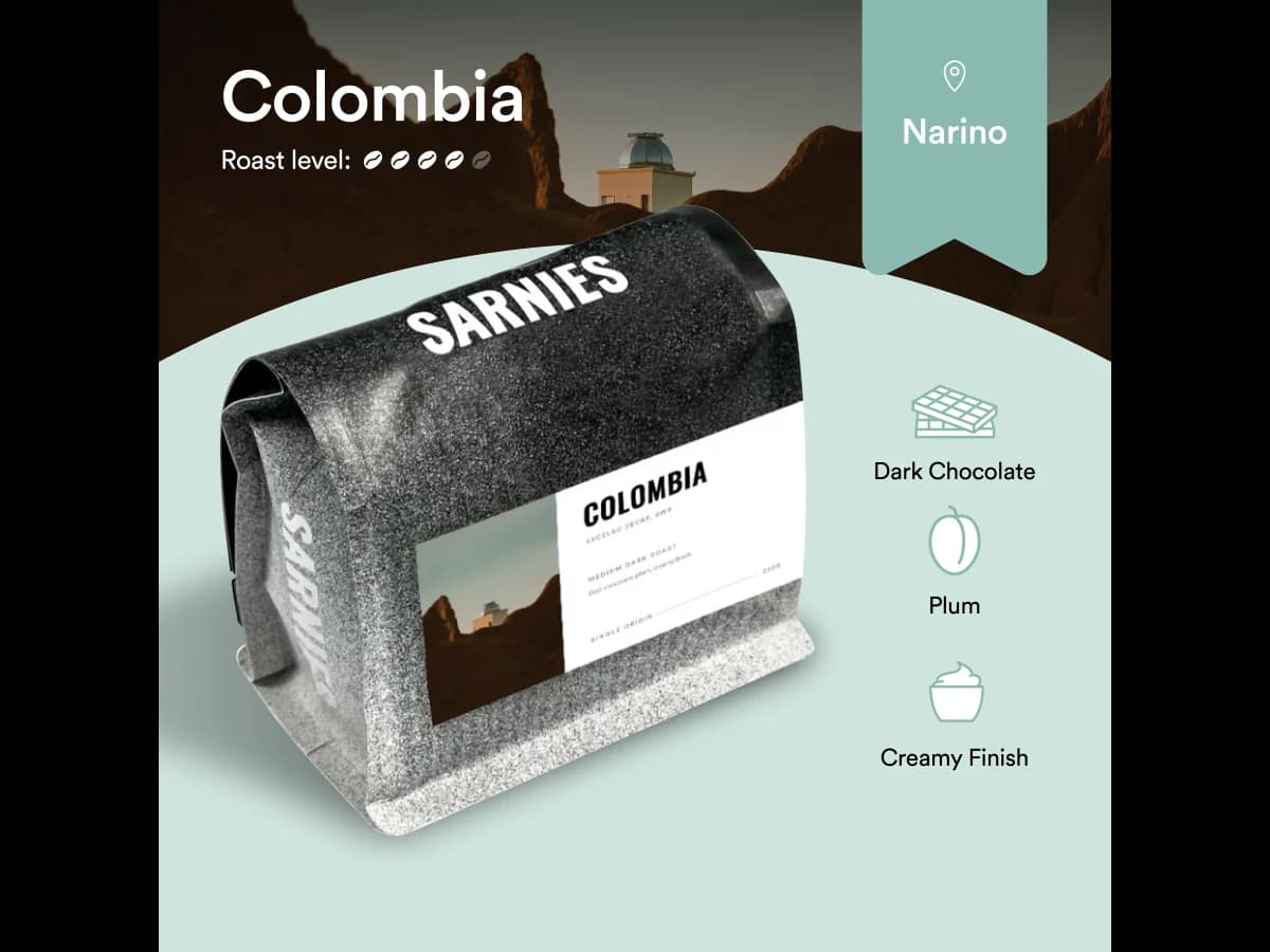 Sarnies Colombia Excelso Decaf SWP bag illustration