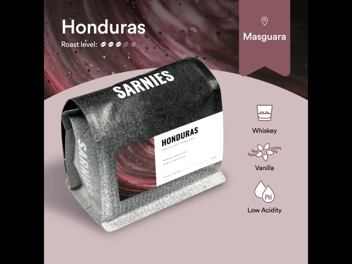 Sarnies Honduras Moke Whiskey Aged bag illustration