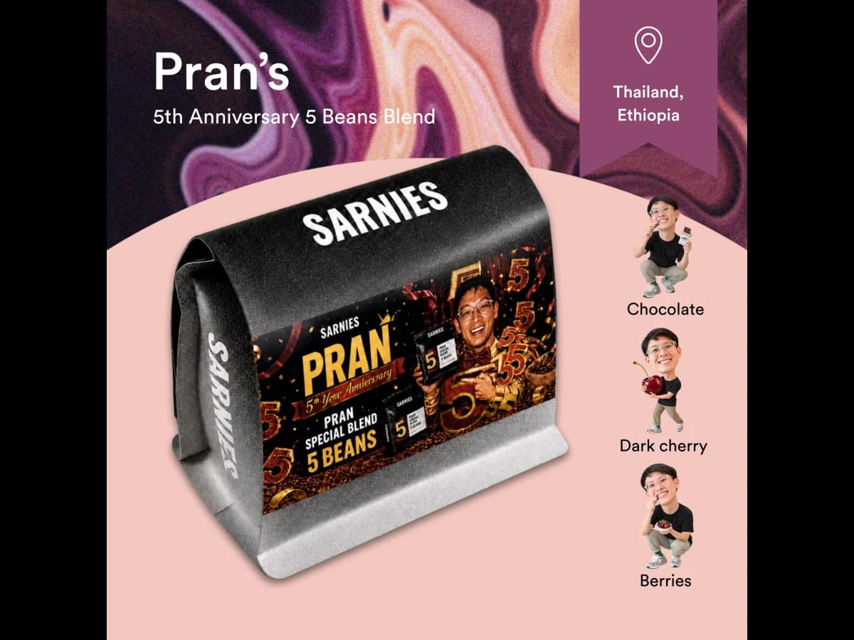 Sarnies Pran’s 5th Anniversary Blend bag illustration