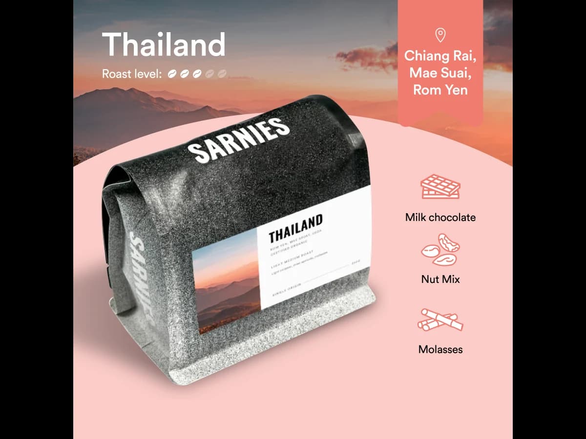 Sarnies Rom Yen Organic bag illustration