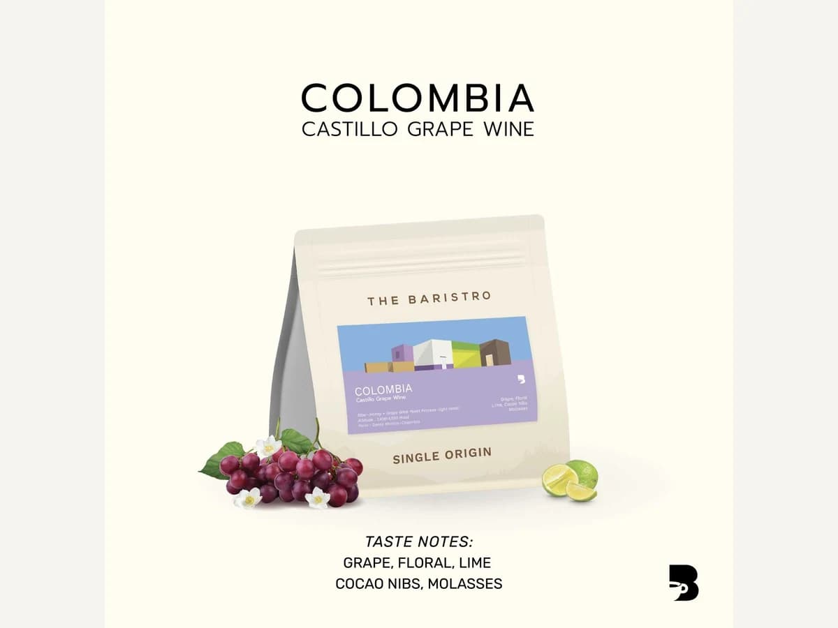 The Baristro Colombia Castillo Grape Wine bag illustration