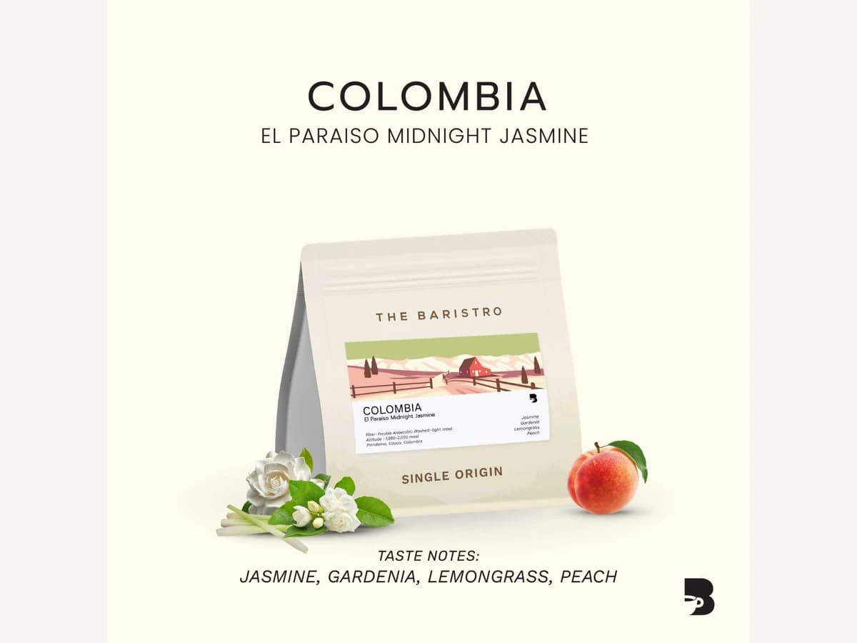 The Baristro Colombia El Paraiso Midnight Jasmine 2021 bag illustration