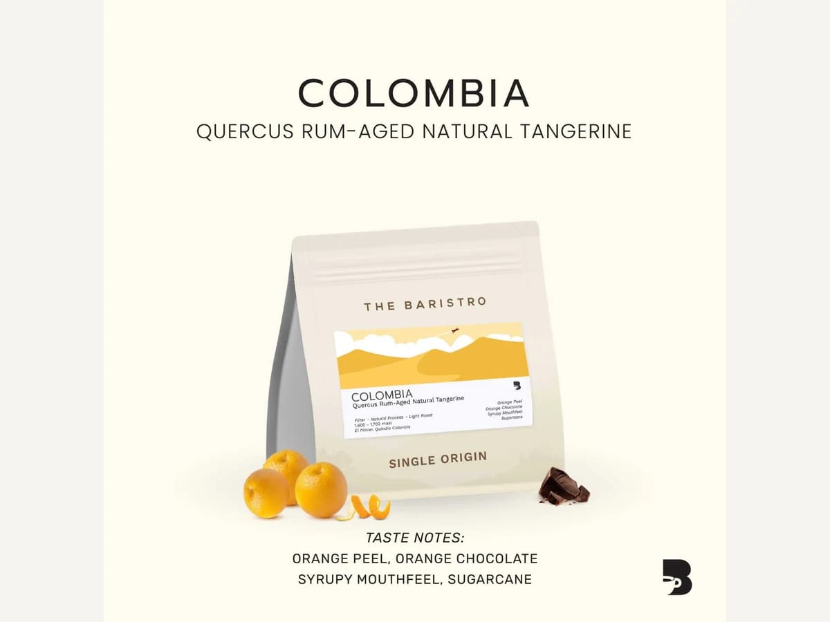 The Baristro Colombia Quercus Rum-Aged Natural Tangerine bag illustration