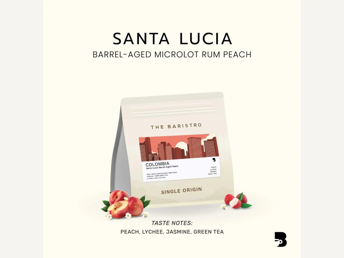 The Baristro Colombia Santa Lucia Barrel-Aged Microlot Rum Peach bag illustration