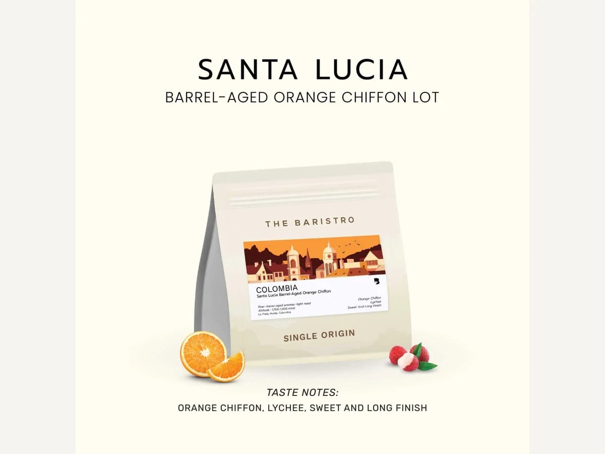 The Baristro Colombia Santa Lucia Barrel-Aged Orange Chiffon Lot bag illustration